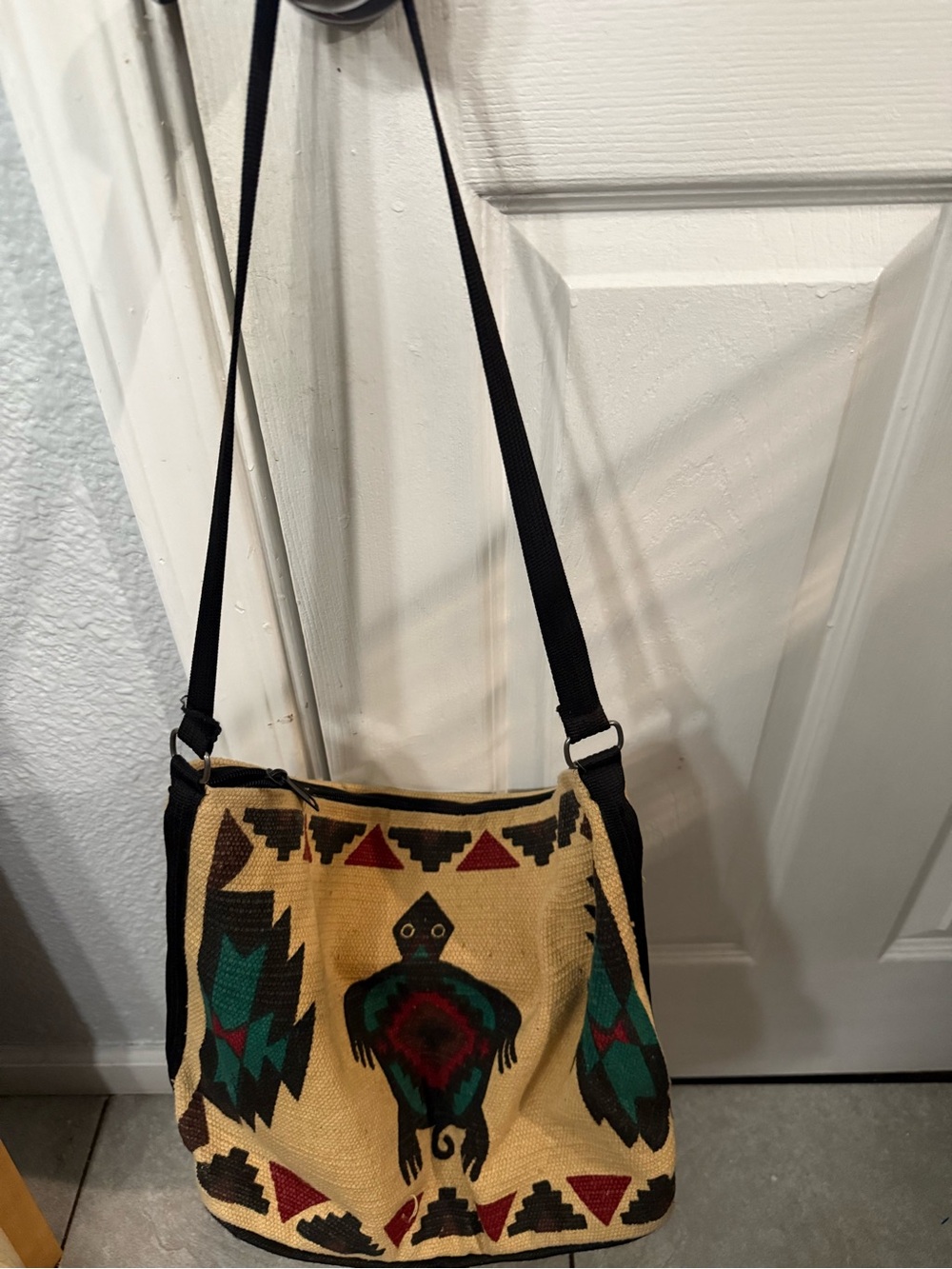 Bohemian Tribal Canvas Shoulder Bag, Beige, Teal and Black- 12Hx17”Wx6”D